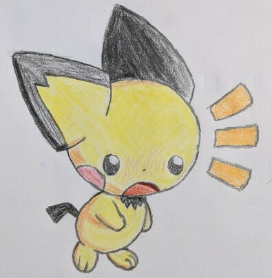 a pencil sketched pichu with pencil crayon coloring and shading, surprised at something in front of it