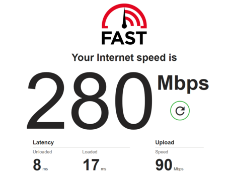 fast.com speedtest

Your Internet speed is: 280Mbps
Unloaded Latency: 8 ms
Loaded Latency: 17 ms
Upload Speed: 90 Mbps