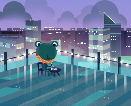 a cartoon frog with a pulled-down mask having a meal on a terrace overlooking a nightly skyline