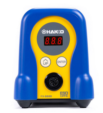 the front of a Hakko FX-888D soldering station. It has a 3-digit 7-segment display, a connector for the iron, and two buttons marked "UP" and "ENTER". Good luck figuring out what the hell either of those buttons do without the manual right in front of you, and even then it's not very easy to use