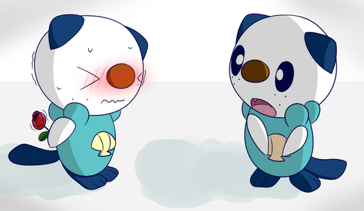 a shaking, blushing oshawott nervously holding onto a flower behind their back, with another surprised oshawott stands in front of them