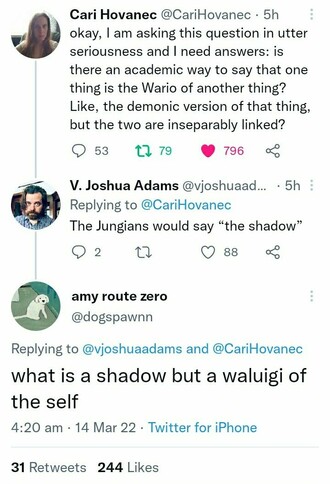 Cari Hovanec: Okay, I am asking this question in utter seriousness and I need answers: is there an academic way to say that one thing is the Wario of another thing? Like, the demonic version of that thing, but the two are inseparably linked?

V Joshua Adams: The Jungians would say the shadow

Amy route zero: What is a shadow but a waluigi of the self