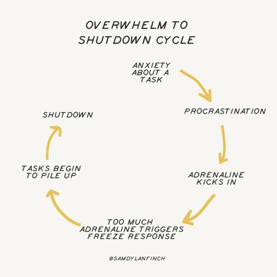 Overwhelm to shutdown cycle. Anxiety about a task leads to procrastination, which results in adrenaline kicking in, followed by too much adrenaline which triggers a freeze response. During that freeze response, tasks begin to pile up until we ultimately shutdown.