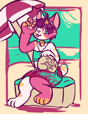 Drawing of a semianthro Japanese bobtail with pink-and-orange markings sitting on a cooler on the beach, wearing a cute tank bikini top juxtaposed with a big ol' pair of watermelon-coloured swimtrunks.  She's sticking her tongue out and loosely doing the maneki neko pose but holding a big sand dollar in place of the usual coin.