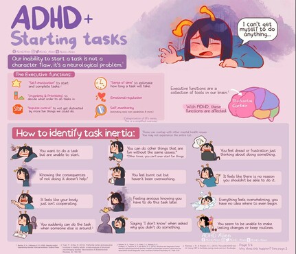 An info graphic explaining why it's hard to start tasks with ADHD. 

Our inability to start a task is not a character flaw, it's a neurological problem. 
The executive functions:
self motivation, needed to start and complete tasks. organizing and prioritizing to decide what tasks to do in what order. impulse control so we don't get sidetracked by the next shiny task. sense of time, to estimate how long tasks will take. Other EFs are emotional regulation and self-monitoring. These executive functions are a collection of tools in our brain. ADHD impacts those tools negatively.

At the bottom is a list how to identify task inertia.
1 you want to do a task but cant 2 knowing the conesquences doesnt help 3 it feels like your body isnt cooperating 4 you can do other things that are fun or: you can't even do fun things 5 you feel burnt out but haven't been overworking 6 feeling anxious knowing you have to do this task later 7 saying i dont know when asked why you didnt do a task 