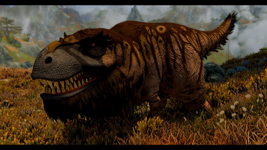 A brown and tan fluffy t-rex, with mountains in the background