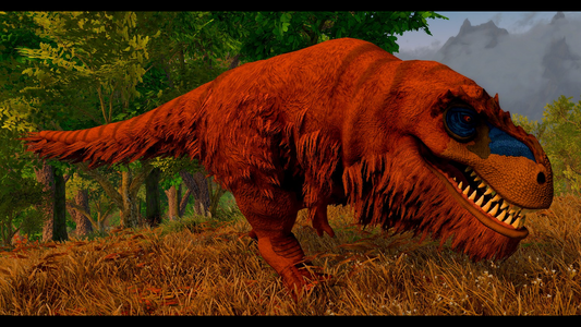 A brown fluffy T-rex with blue facial markings, with pine trees in the background.