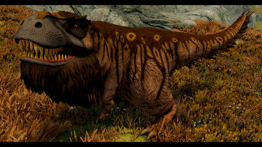 A brown and tan fluffy t-rex, in a taiga grassland.