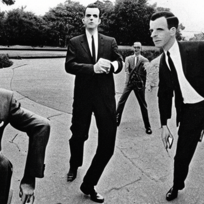 Stable diffusion generated image. Black and white, depicting men in suits and skinny ties gamboling across an urban landscape.