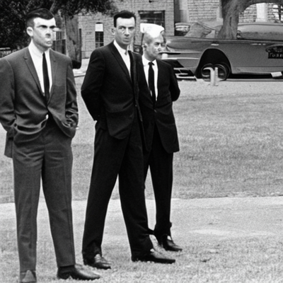 Stable diffusion generated image. Black and white, depicting men in suits and skinny ties gamboling across an urban landscape