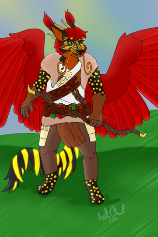 An anthro feline dragon wearing leather armor, some bandoliers with pockets and potions, and a hunter's bow.