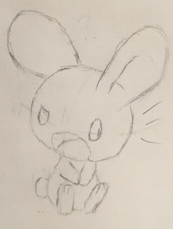 a pencil sketch of a tdm-style bunny, sitting down and looking at something behind them with a bewildered look on their face
