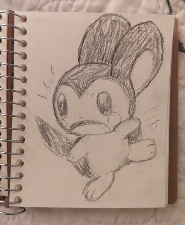 a pencil sketch of emolga staggering to their right with a surprised expression in a tiny sketchbook