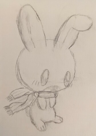 a pencil sketch of a bunny wearing a scarf blowing behind them