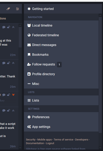 the getting started column that you get from hitting the asterisk in the top left. it currently shows one pending follow request which we need to get around to dealing with