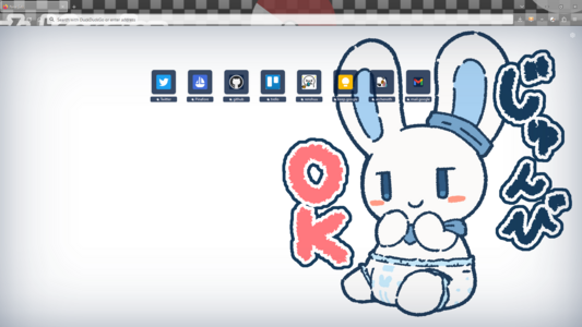 a firefox homescreen with a dark blue transparent color mofit coming from a background that has a diapery tdm bunny looking to the left with the text "じゅんび OK" (which translates to "preparations OK!"

the quick links are in the top portion of the screen rather than right in the middle, and they also share this same blue motif

the links from left to right are twitter, pinafore (the masto client), github, trello, renshuu (the japanese learning site), google keep, my site, and gmail
