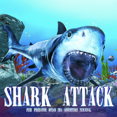 a shark with its mouth wide open looking at the viewer, with the title (large) Shark Attack (very small) Fish Predator Ocean Sea Adventure Survival 