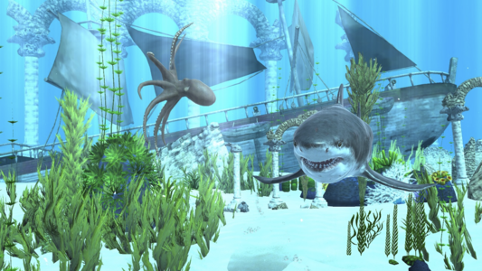 an ocean scene with an octopus, a sunken ship and a shark