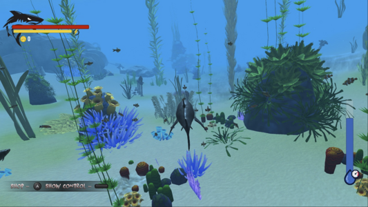 a gameplay screenshot showing some generic HUD, an ocean with lots of plants and the rear of a shark