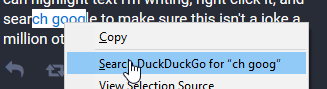 the text "ch goog" highlighted in the above post, showing a right-click menu that includes "Search DuckDuckGo for "ch goog""