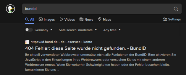 Duckduckgo search for "BundID" with the first result linking to a 404 page