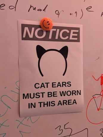 a printed sign with a stylized picture of a cat ear headband that reads: "Notice: cat ears must be worn in this area"