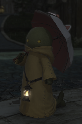 a Lalafell in a Tonberry outfit holding an umbrella with cat ears