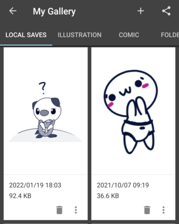 a My Gallery window in an android app (medibang paint) showing the "local saves" tab, showing a monochrome dithered blue oshawott with a confused expression and a question mark above their head (january 19, 2022 at 18:03, 92.4kb) and the kao drawing from before next to it (october 7th, 2021 at 9:19 am, 36.6kb)