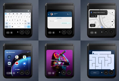 multiple views of a closed foldable phone with the cover display almost covering its entire front, flowing around the cameras. Its showing a bunch of Android apps, a music player, an app switcher and some sort of game