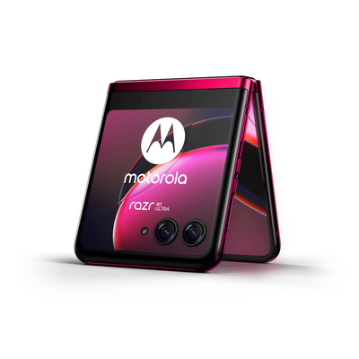 a flip-style foldable phone set up like a tent. the cover display almost covers the entire front of the device 