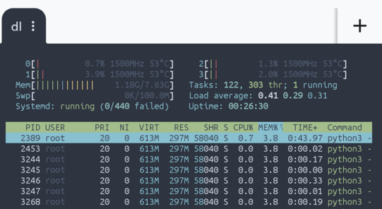 htop showing four cores and 8GB of RAM