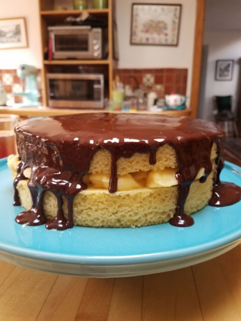 Vanilla Layer Cake with a custard middle and drizzled chocolate sauce topping. on a turquoise cake stand