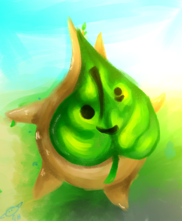 A korok from the legend of Zelda. It's a lil seed guy with a leaf mask on a soft landscape background 