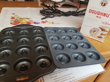 Image od minidoughnut pan and a box of buttermilk doughnut mix