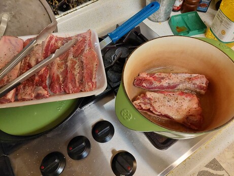 Searing pork ribs (I didn't have a leg of boar to use so I went with what I could get...)