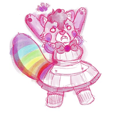 A pink anthro red panda in a floofy dress looking angy