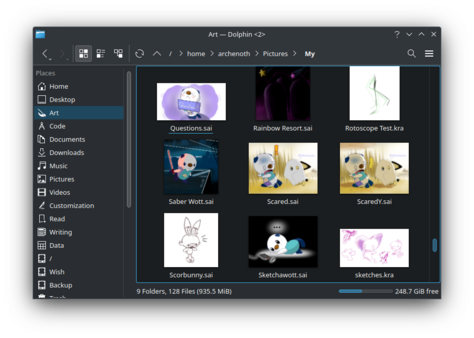 a screenshot of a small dolphin (the kde file manager) window looking at an "Art" folder, the .sai (Paint Tool Sai) files all have thumbnails alongside the .kra (Krita) files. the files are:

- Questions.sai (a diapery wott holding a sign saying "questions?")
- Rainbow Resort.sai (a draw of the weird background hills in Rainbow Resort in Kirby's Adventure)
- Rotoscope Test.kra (Some stick legs, onion skins for a walk cycle animation visible)
- Saber Wott.sai (Oshawott holding two sabers in a beat saber level)
- Scared.sai and ScaredY.sai (A diapery oshawott standing in a field during autumn, being scared by a pichu with a bedsheet over their head imitating a ghost, the Y variation has yellow shading and a shocked manga mark instead of an exclamation over oshawott's head)
- Scorbunny.sai (a sketch of a scorbunny with their knees together and looking down)
- Sketchawott.sai (An oshawott laying on the ground next to a wacom bamboo tablet, looking at it with "..." over their head)
- sketches.kra (a sketchpad with a tdm cat, an oshawott, and a few shape tests)