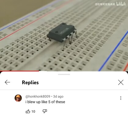 A screenshot of a YouTube video, showing a comment from user honkhonk8009 saying "I blew up like 5 of these". The user has a profile picture of the Engineer from TF2. The video is a 555 timer chip walking on a breadboard.
