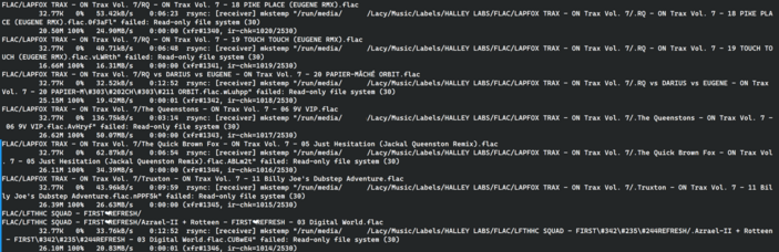 A screenshot of the rsync command spewing out tons of "mkstemp failed: Read-only file system (30)" errors when copying music files to an SD card.