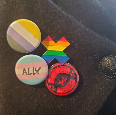 Close-up of a coat's lapel and four pinned-on buttons: a nonbinary flag, a rainbow X or +, a "they/them, the grem" pronoun pin, and a trans flag pin with the word ALLY written over the top.