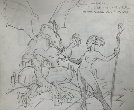 A drow priestess converses with a summoned demon