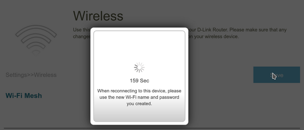 Screenshot of my Access Point Wireless settings page, showing a loading spinner with the legend "159 seconds".