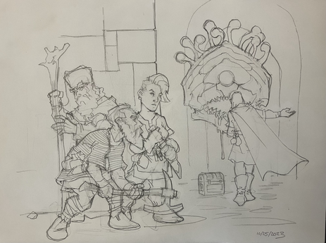A party of three dwarves (wizard, axe wielding fighter, rogue) hide around the corner in a dungeon, ready to rush out and ambush a human doing some sort of horrible trade with a beholder.