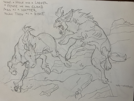 A barghest (goblin wolf) leaps towards a unicorn which wheels to counterattack.