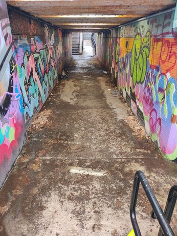 a pedestrian underpass. the pathway has a lot of wet mud, dead leaves, and other detritus on it, making it unpleasant to walk on; there is also a shallow puddle in the foreground