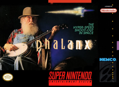 a SNES game box art with the text "the hyper-speed shoot-out in space: phalanx" on it. There's a spaceship in the background but most of it is taken up by a photo of an old guy with a long white beard playing a banjo