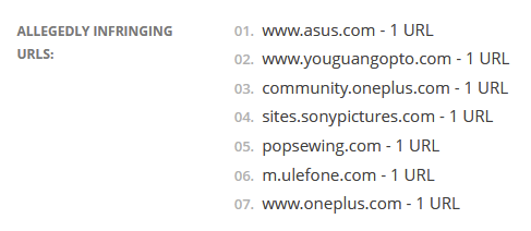 [screenshot of text] 
Allegedly Infringing URLs:

    www.asus.com - 1 URL
    www.youguangopto.com - 1 URL
    community.oneplus.com - 1 URL
    sites.sonypictures.com - 1 URL
    popsewing.com - 1 URL
    m.ulefone.com - 1 URL
    www.oneplus.com - 1 URL