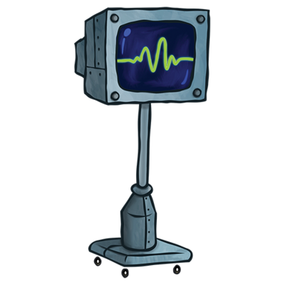 Karen Plankton from spongebob. it's a computer monitor on a wheeled stand. its screen is black except for a green wiggly line (iirc meant to represent audio of her talking?) bisecting it horizontally