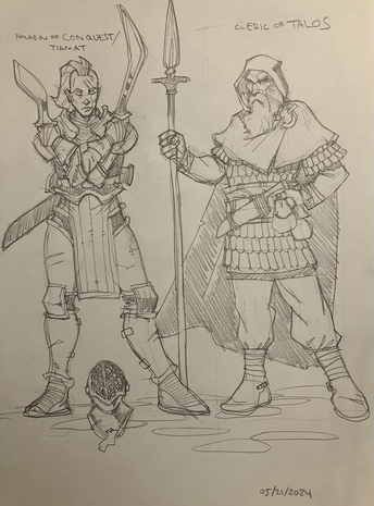 Two villainous NPCs, a heavily armored, dual wielding paladin of conquest, and a lighter armored cloaked cleric devoted to the dread storm god, Talos.