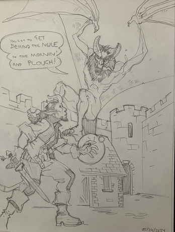 In the courtyard of a castle somewhere, a massive werebat drops down on a sword-wielding, magic-throwing tiefling.